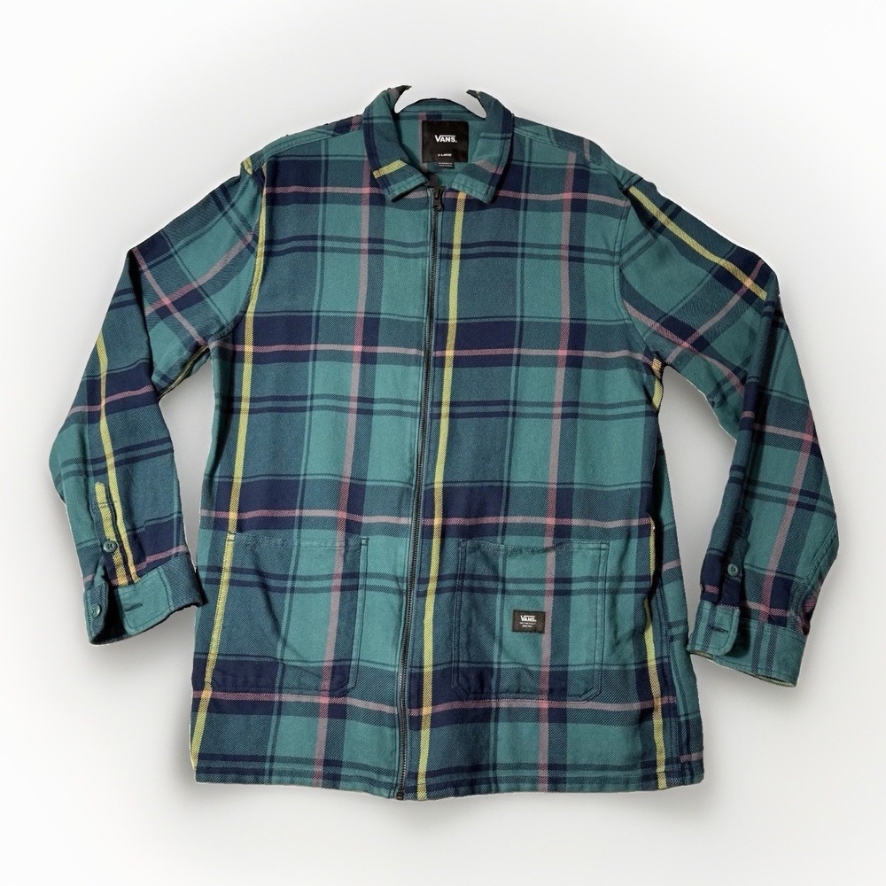 Vans Off The Wall Mens XL Plaid Flannel Shacket Full Zip Teal Green Skate Jacket